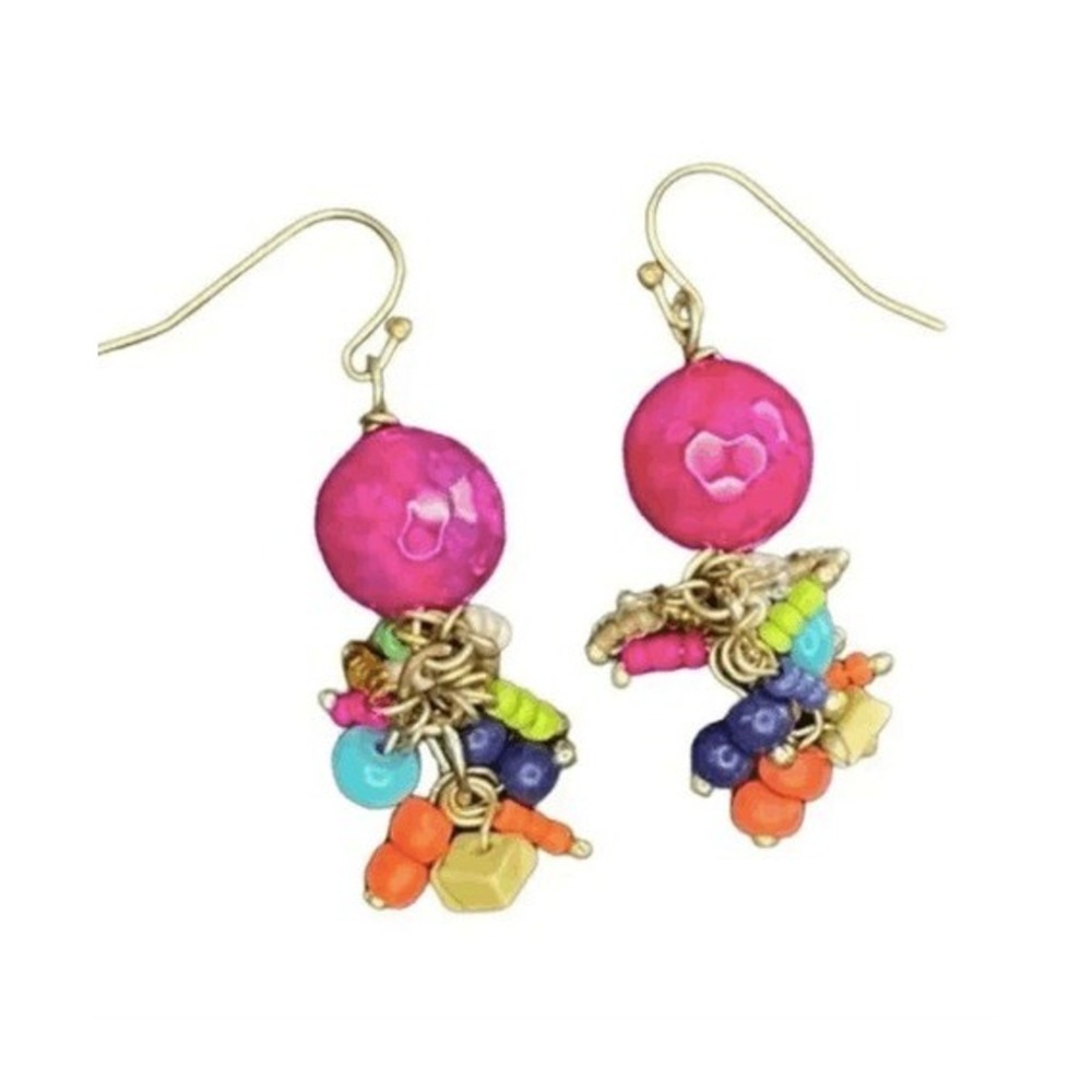 Y2K Vintage Beaded Earrings Multi Colored Hot Pink Gold Metals Dangle Pierced